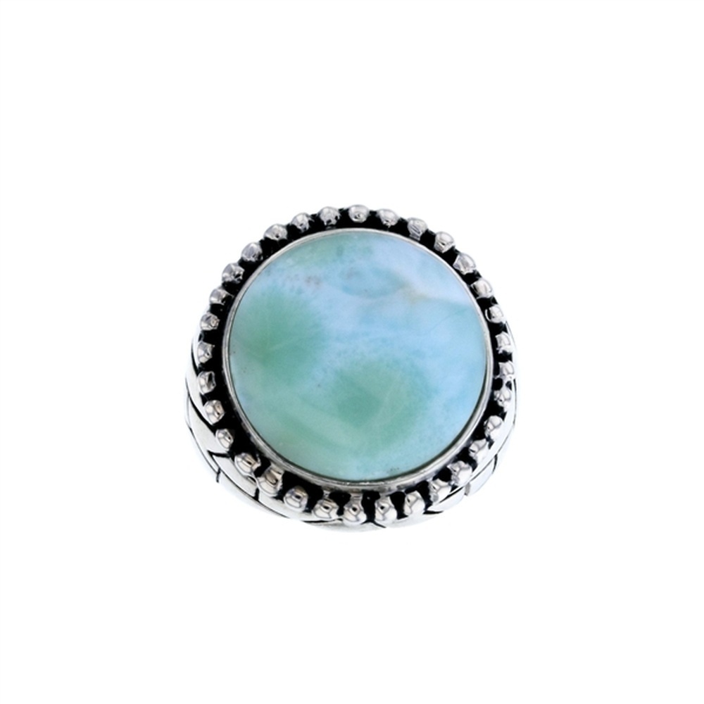 925 Sterling Silver Larimar Round Shape Beaded Frame Mosaic Pattern Ring 8 gm